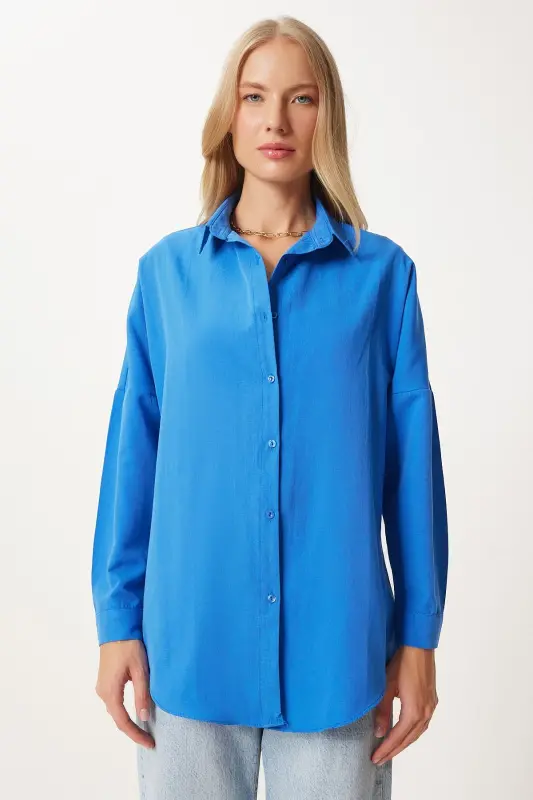 Women's Live Blue Oversize Long Basic Shirt DD00842-Live Blue - 5