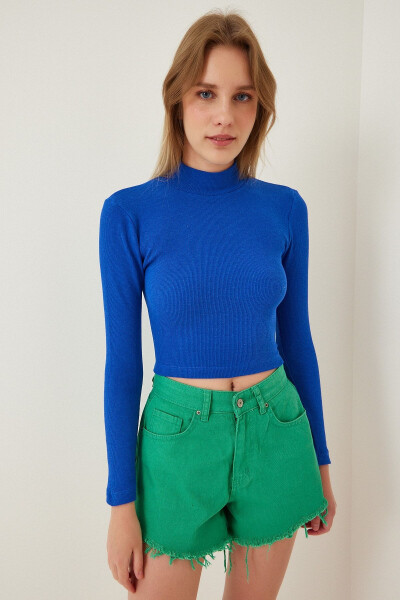 Women's Live Blue Ribbed Fisherman Neck Crop Knit Blouse GT00059 - HAPPINESS İSTANBUL
