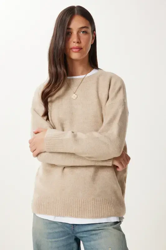 Women's Live Cream Oversize Knitted Sweater PN00054-Live Cream - 3