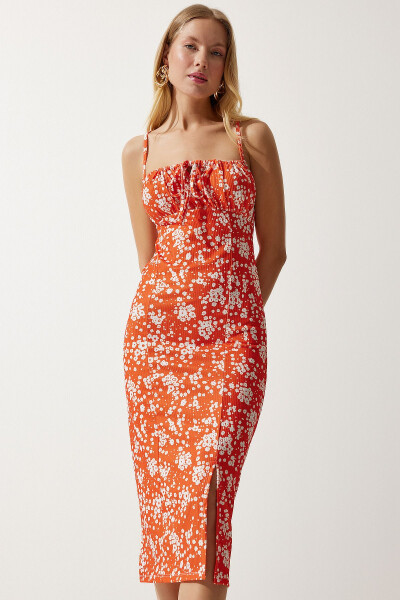 Women's Live Orange White Flower Print Summer Knit Dress with Slit CI00029 