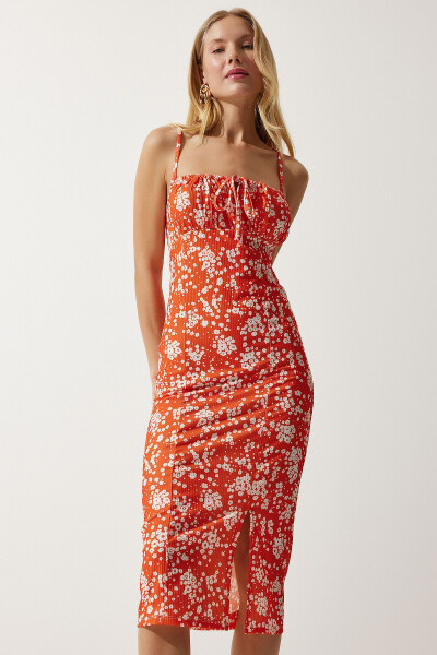 Women's Live Orange White Flower Print Summer Knit Dress with Slit CI00029 - 3