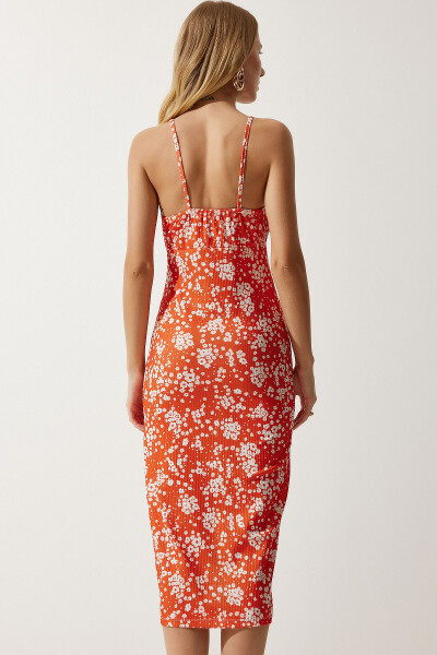 Women's Live Orange White Flower Print Summer Knit Dress with Slit CI00029 - 5