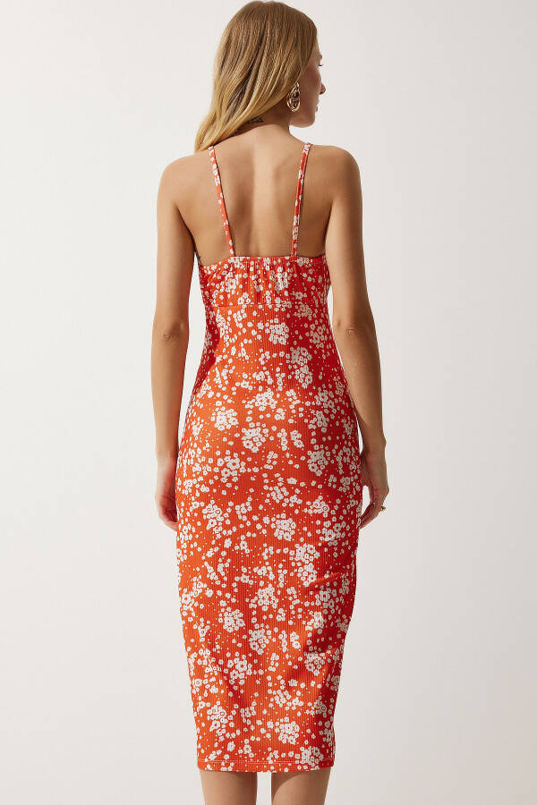 Women's Live Orange White Flower Print Summer Knit Dress with Slit CI00029 - 5