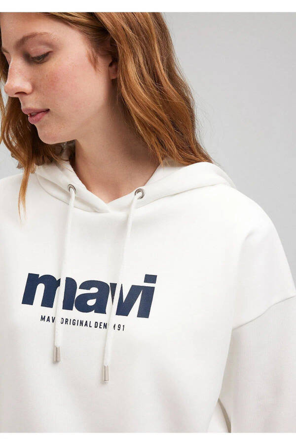 Women's Logo Printed Hooded Ecru Sweatshirt - 3