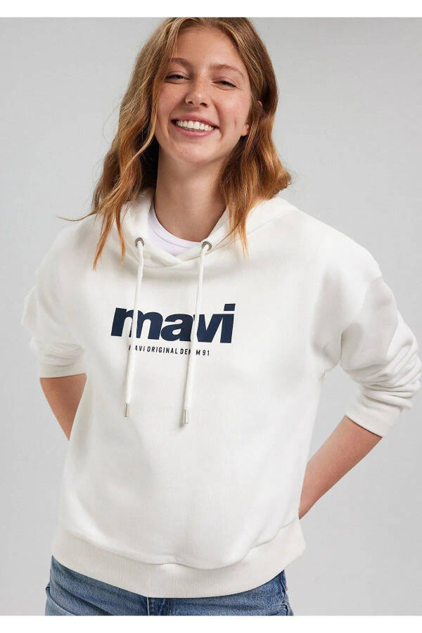 Women's Logo Printed Hooded Ecru Sweatshirt - 5