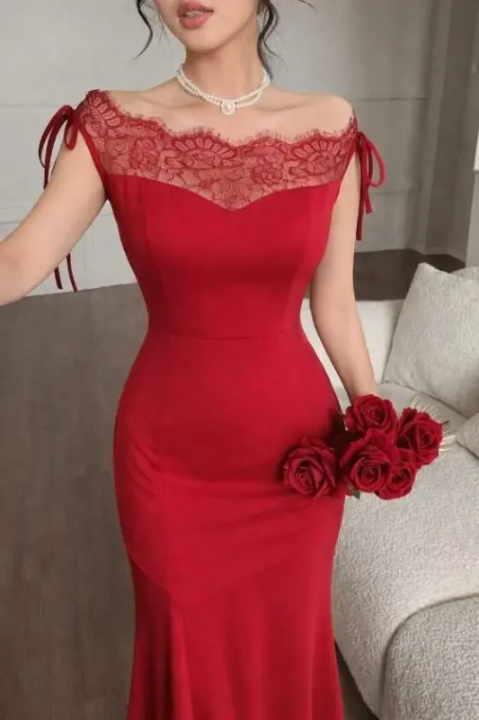 Women's Long Imported Crepe Dress with Lace Detail on Chest and Collar, Boat Neck Look - 1