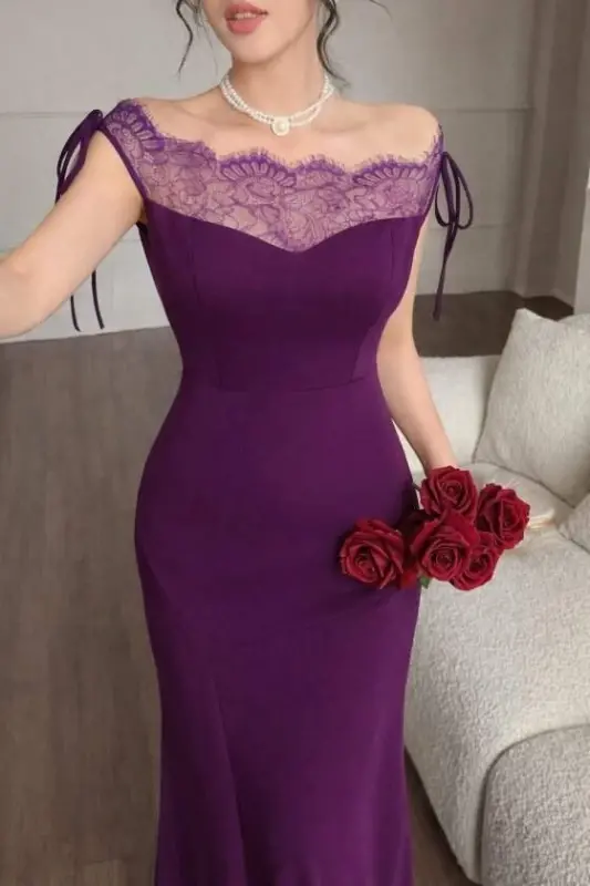 Women's Long Imported Crepe Dress with Lace Detailed Chest and Collar, Boat Neck Look - 1