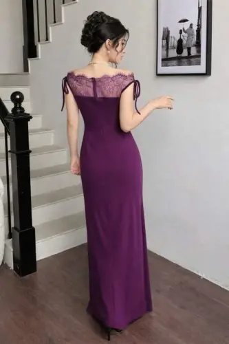 Women's Long Imported Crepe Dress with Lace Detailed Chest and Collar, Boat Neck Look - BÜYÜKBEDENIZ (1)