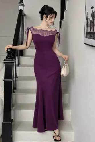 Women's Long Imported Crepe Dress with Lace Detailed Chest and Collar, Boat Neck Look - 3