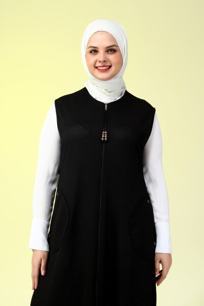 Women's Long Plus Size Modest Honeycomb Fabric Pocket Zippered Summer Vest Black - 12