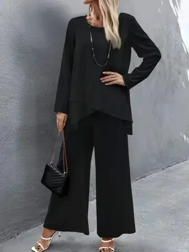 Women's Long Sleeve Asymmetric Detailed Loose Sandy Blouse and Pants Set - 1