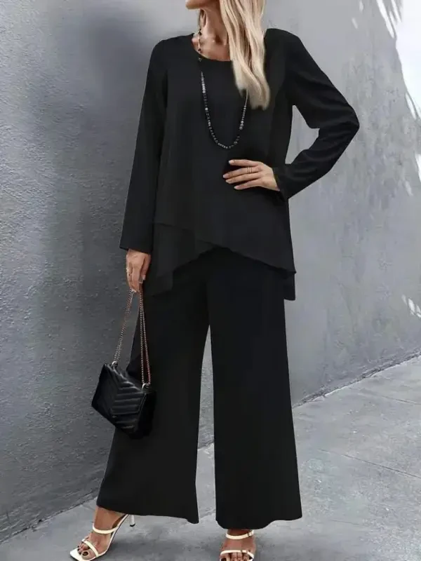 Women's Long Sleeve Asymmetric Detailed Loose Sandy Blouse and Pants Set - 1