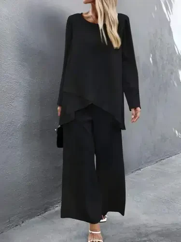 Women's Long Sleeve Asymmetric Detailed Loose Sandy Blouse and Pants Set - 3