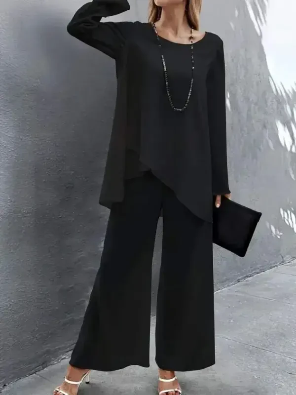 Women's Long Sleeve Asymmetric Detailed Loose Sandy Blouse and Pants Set - 4