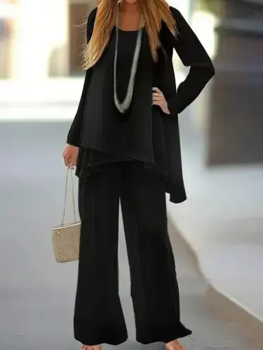 Women's Long Sleeve Asymmetric Detailed Loose Sandy Blouse and Pants Set - 5