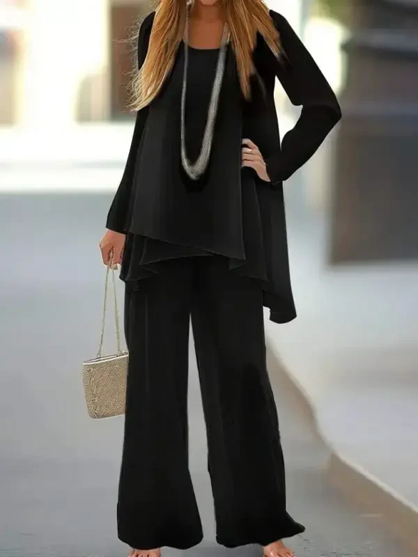 Women's Long Sleeve Asymmetric Detailed Loose Sandy Blouse and Pants Set - 5