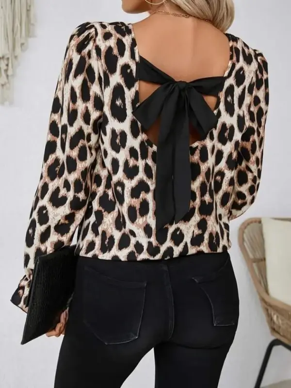 Women's Long Sleeve Back Bow Detailed Leopard Print Supreme Blouse - 1