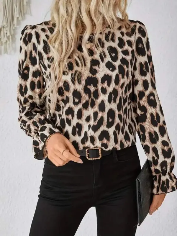 Women's Long Sleeve Back Bow Detailed Leopard Print Supreme Blouse - 2
