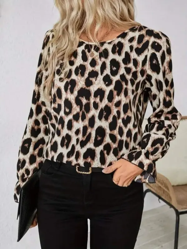 Women's Long Sleeve Back Bow Detailed Leopard Print Supreme Blouse - 4