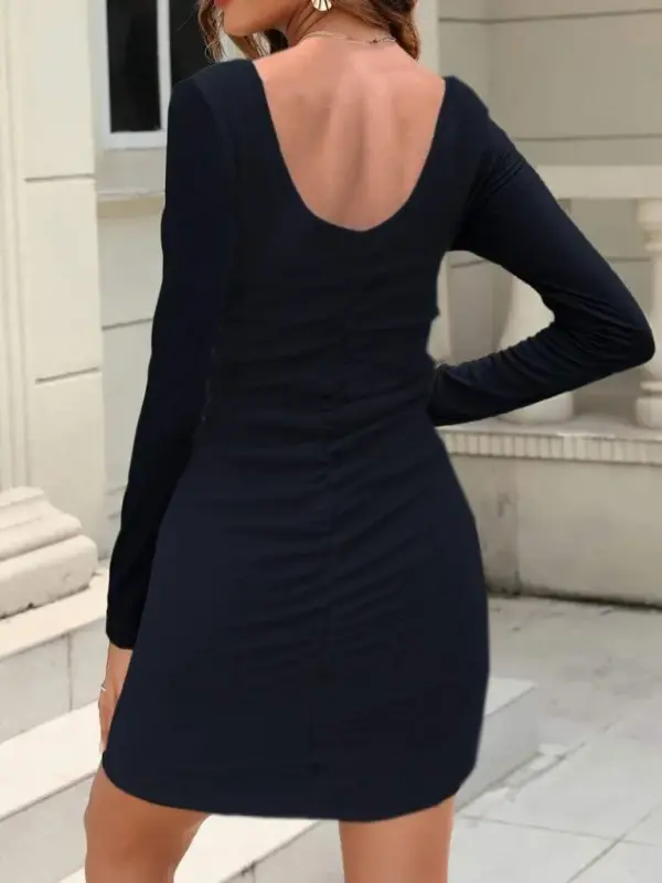 Women's Long Sleeve Back Gather Detail Ribbed Dress - BÜYÜKBEDENIZ