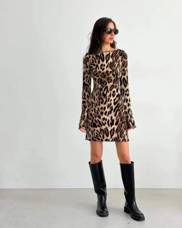 Women's Long Sleeve Backless Tie Up Leopard Print Short Bodycon Dress - 4