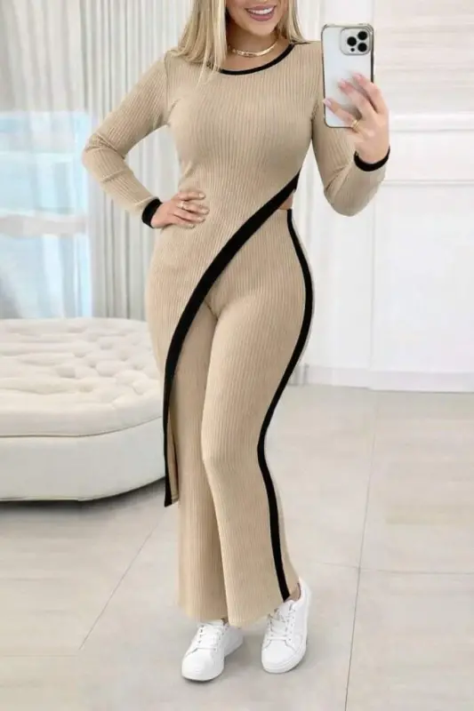 Women's Long Sleeve Bicycle Collar Asymmetric Cut Blouse Plush Ribbed Blouse and Pants Two Piece Set - BÜYÜKBEDENIZ