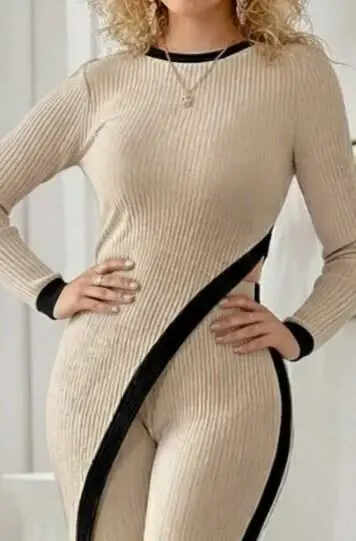 Women's Long Sleeve Bicycle Collar Asymmetric Cut Blouse Plush Ribbed Blouse and Pants Two Piece Set - 3