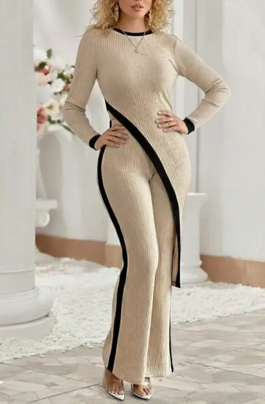 Women's Long Sleeve Bicycle Collar Asymmetric Cut Blouse Plush Ribbed Blouse and Pants Two Piece Set - 4