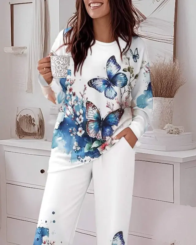 Women's Long Sleeve Bicycle Collar Butterfly Patterned Two Thread Lower Upper Set - 2