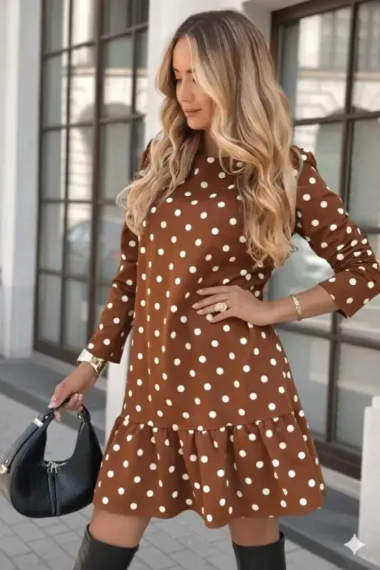 Women's Long Sleeve Bicycle Collar Frilly Polka Dot Short Modal Dress - 2