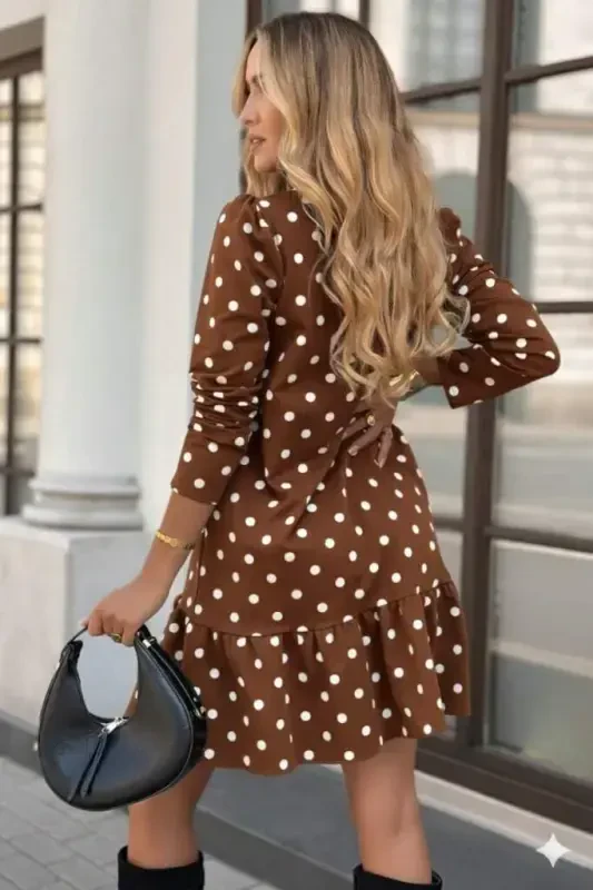 Women's Long Sleeve Bicycle Collar Frilly Polka Dot Short Modal Dress - 4