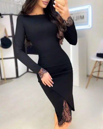 Women's Long Sleeve Bicycle Collar Front Lace and Slit Detailed Scuba Dress - 1