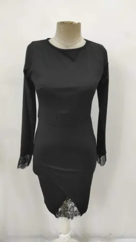 Women's Long Sleeve Bicycle Collar Front Lace and Slit Detailed Scuba Dress - 5