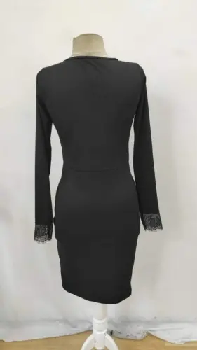 Women's Long Sleeve Bicycle Collar Front Lace and Slit Detailed Scuba Dress - 7