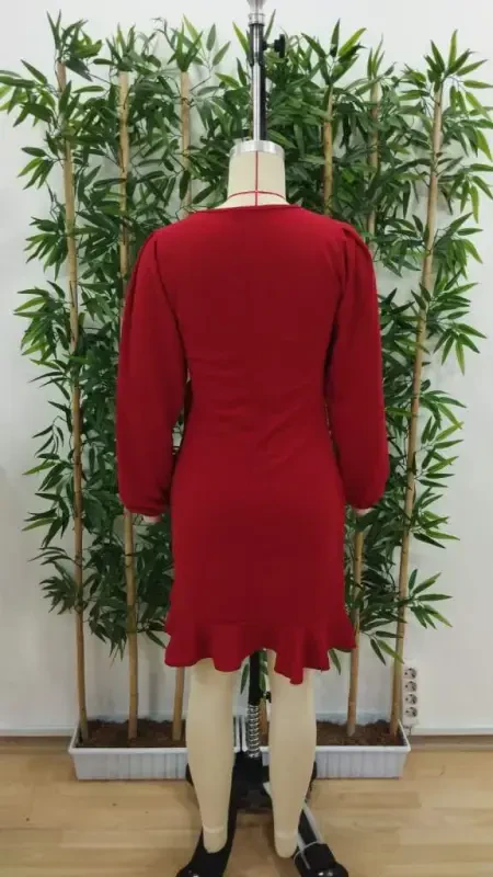 Women's Long Sleeve Bicycle Collar Front Ruffled Imported Crepe Dress - 8