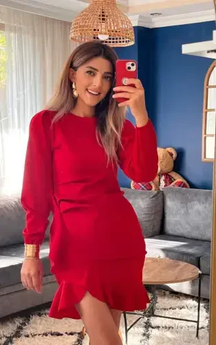 Women's Long Sleeve Bicycle Collar Front Ruffled Imported Crepe Dress - 10