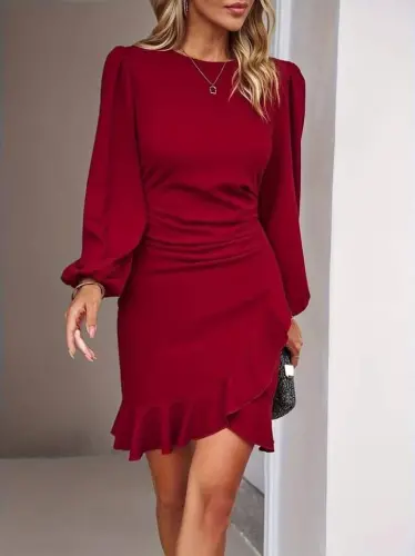 Women's Long Sleeve Bicycle Collar Front Ruffled Imported Crepe Dress - 1