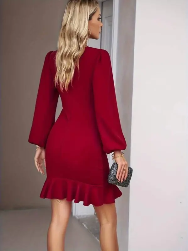 Women's Long Sleeve Bicycle Collar Front Ruffled Imported Crepe Dress - 5