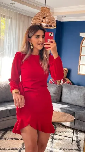Women's Long Sleeve Bicycle Collar Front Ruffled Imported Crepe Dress - 9