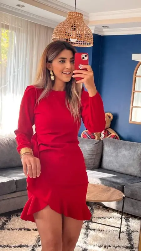 Women's Long Sleeve Bicycle Collar Front Ruffled Imported Crepe Dress - 9