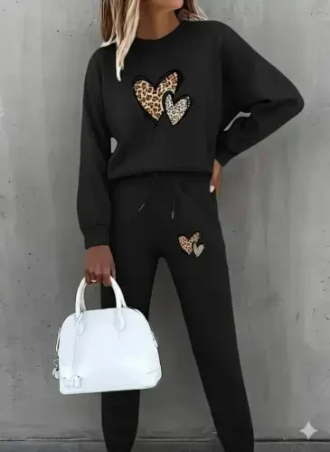 Women's Long Sleeve Bicycle Collar Heart Patterned Fleece Three Thread Blouse and Pants Set - 1