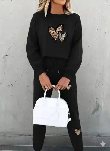 Women's Long Sleeve Bicycle Collar Heart Patterned Fleece Three Thread Blouse and Pants Set - 2