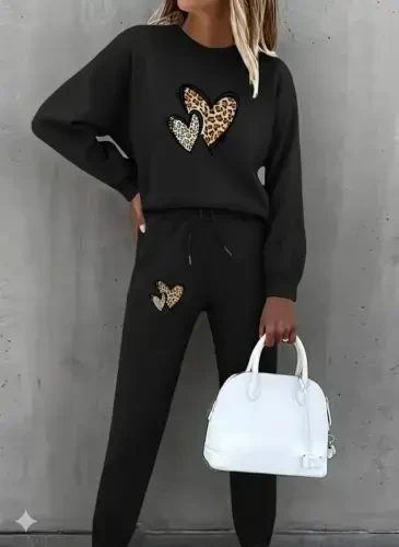 Women's Long Sleeve Bicycle Collar Heart Patterned Fleece Three Thread Blouse and Pants Set - 3