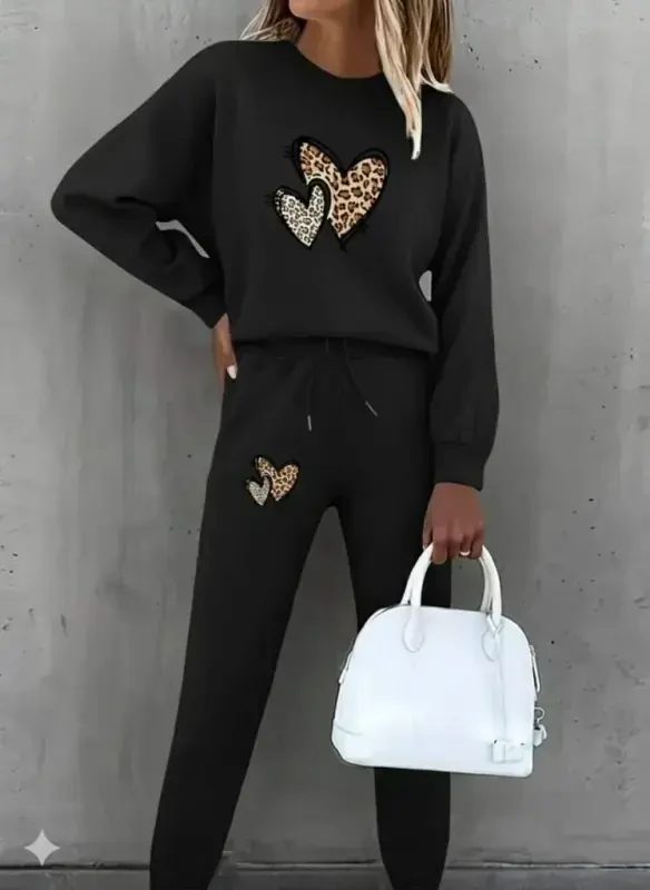 Women's Long Sleeve Bicycle Collar Heart Patterned Fleece Three Thread Blouse and Pants Set - 3