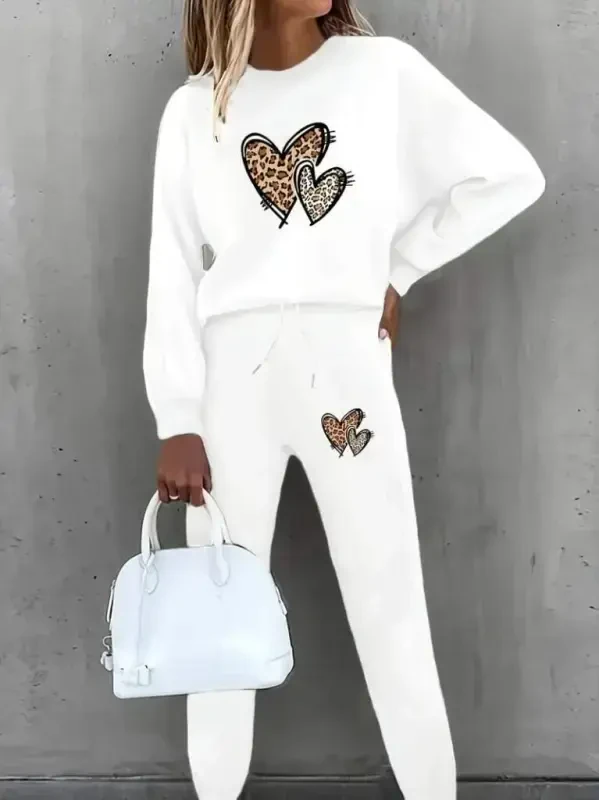 Women's Long Sleeve Bicycle Collar Heart Patterned Fleece Three Thread Blouse and Pants Two Piece Set - 1