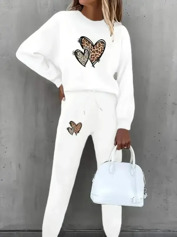 Women's Long Sleeve Bicycle Collar Heart Patterned Fleece Three Thread Blouse and Pants Two Piece Set - 3