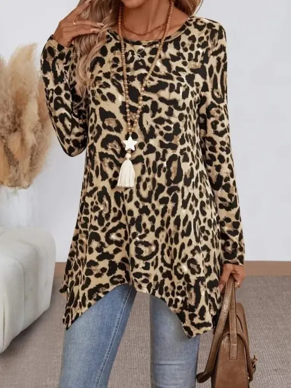 Women's Long Sleeve Bicycle Collar Leopard Patterned Supreme Blouse - 3