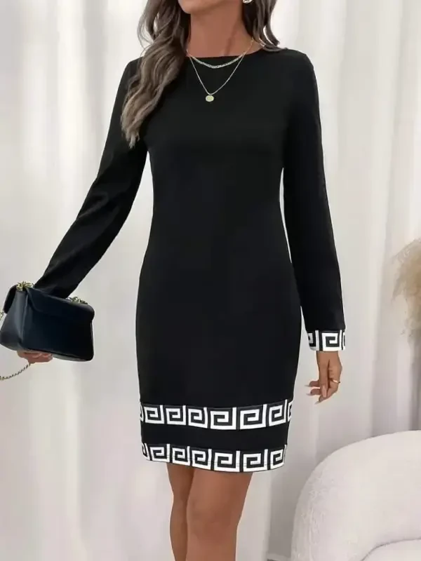 Women's Long Sleeve Bicycle Collar Mini Imported Crepe Dress - 3