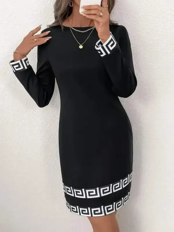 Women's Long Sleeve Bicycle Collar Mini Imported Crepe Dress - 4