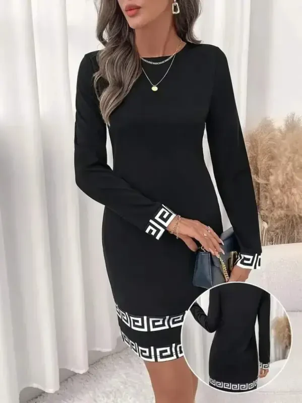 Women's Long Sleeve Bicycle Collar Mini Imported Crepe Dress - 5